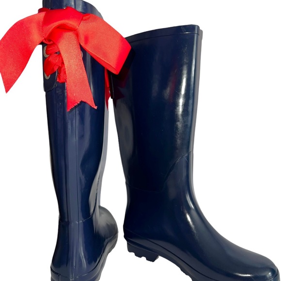 None Shoes - WELLIES RAIN BOOTS RUBBER TALL LACED RIBBON TIE BACK WATERPROOF BLUE RED 9